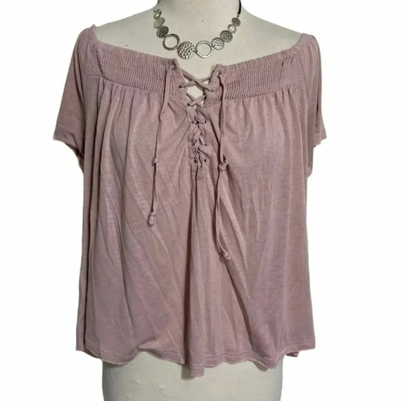 AEO L pink off the shoulder laced front top - Picture 1 of 5